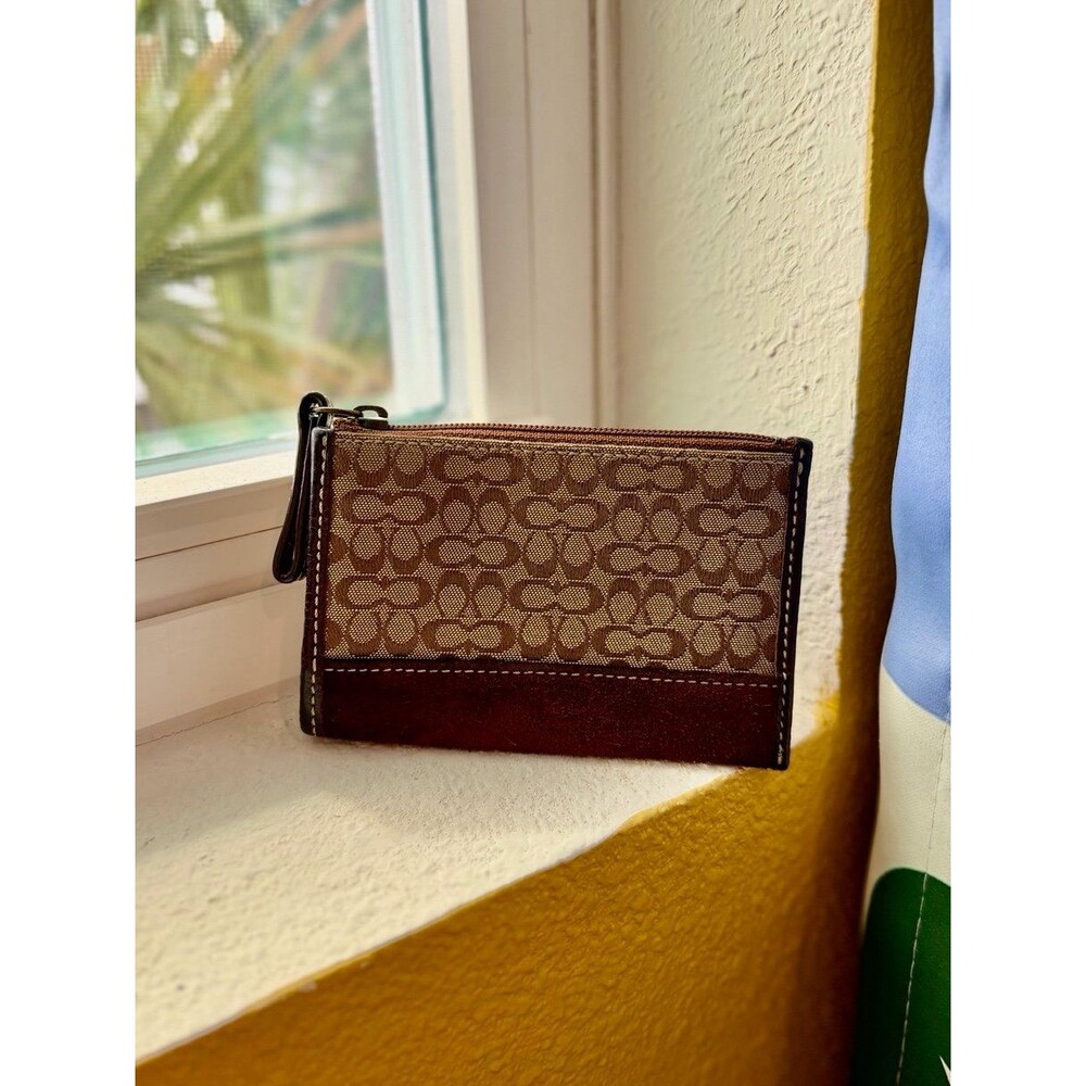 Coach Signature Monogram Cardholder Keychain Wallet in Brown Suede and Leather